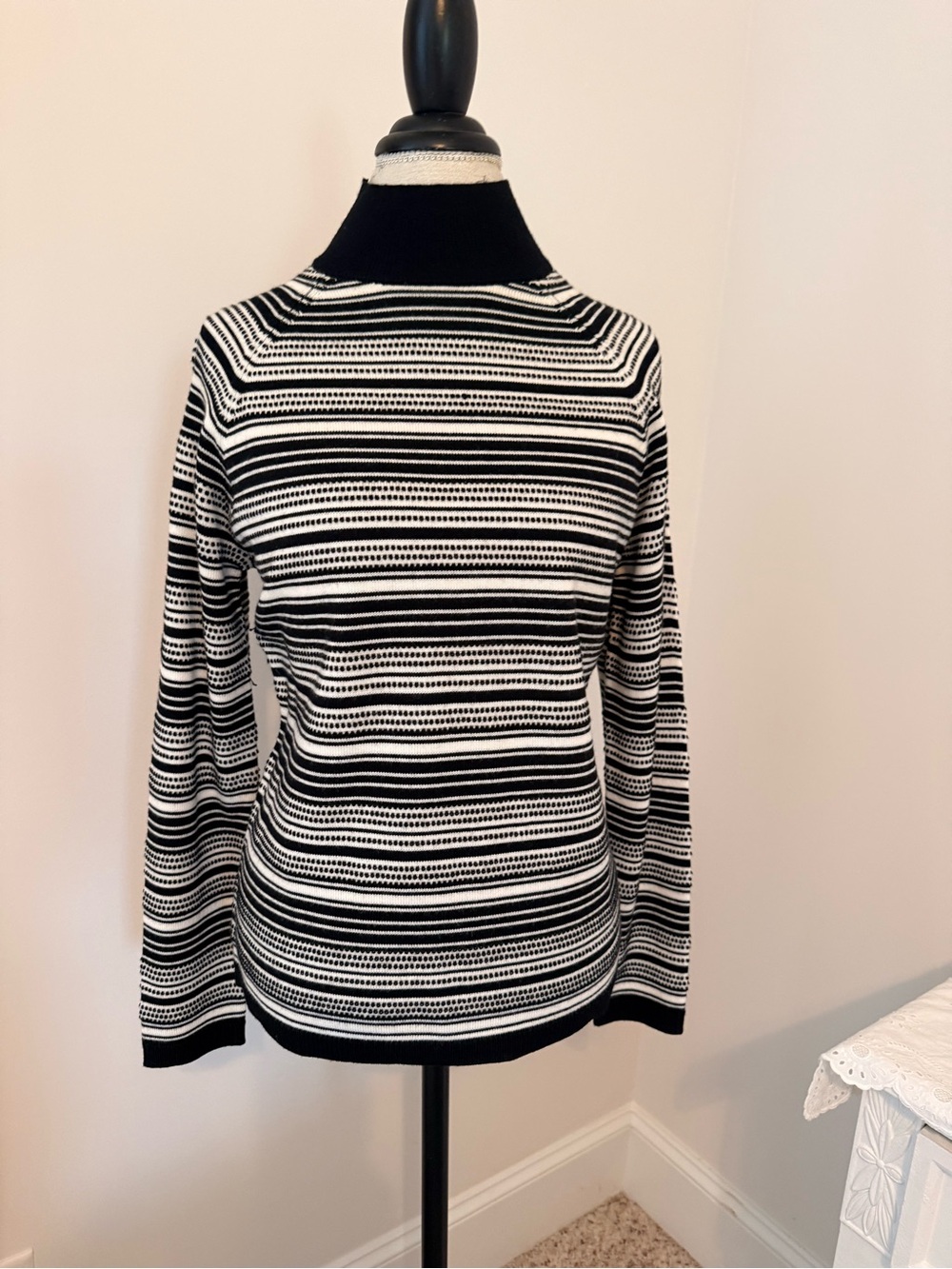 Brooks Brothers Black and White Striped Mock Neck Long Sleeve Top